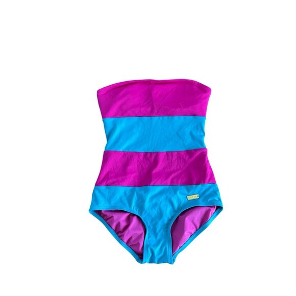 DKNY One Piece Swimsuit Colorblock Pink & Turquoise Strapless NWT Sz 4 - Picture 1 of 6